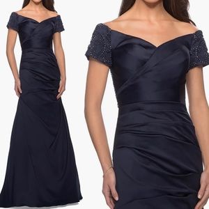 Off the Shoulder Beaded Satin
Trumpet Gown
La Femme size 0 or  10  nwt